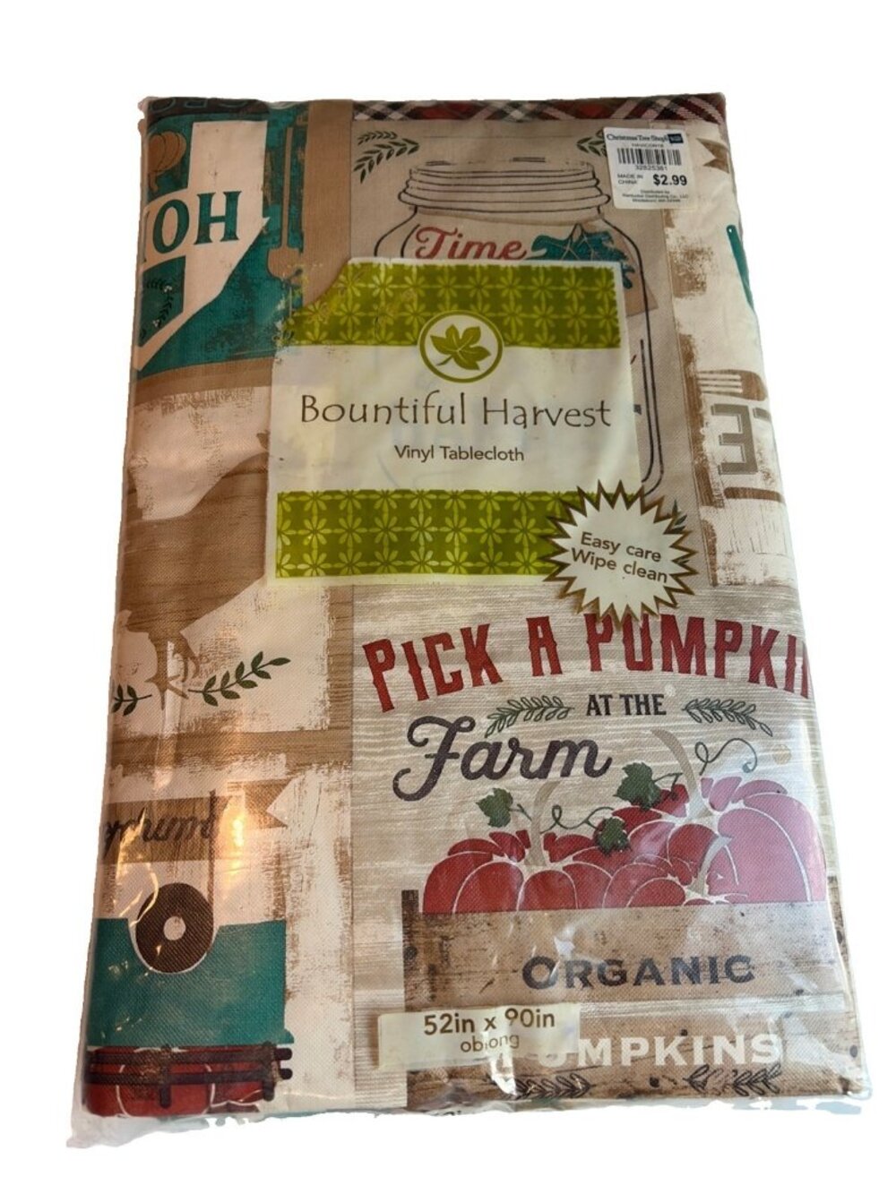 Bountiful Harvest Flannel Backed Vinyl Tablecloth Pumpkins Farm Fall 52X90" NEW